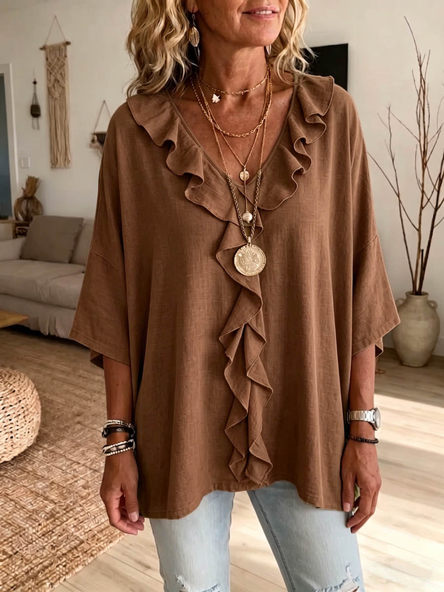 Blusa de Mujer en Algodón y Lino con Volantes — Corte Holgado y Escote en V