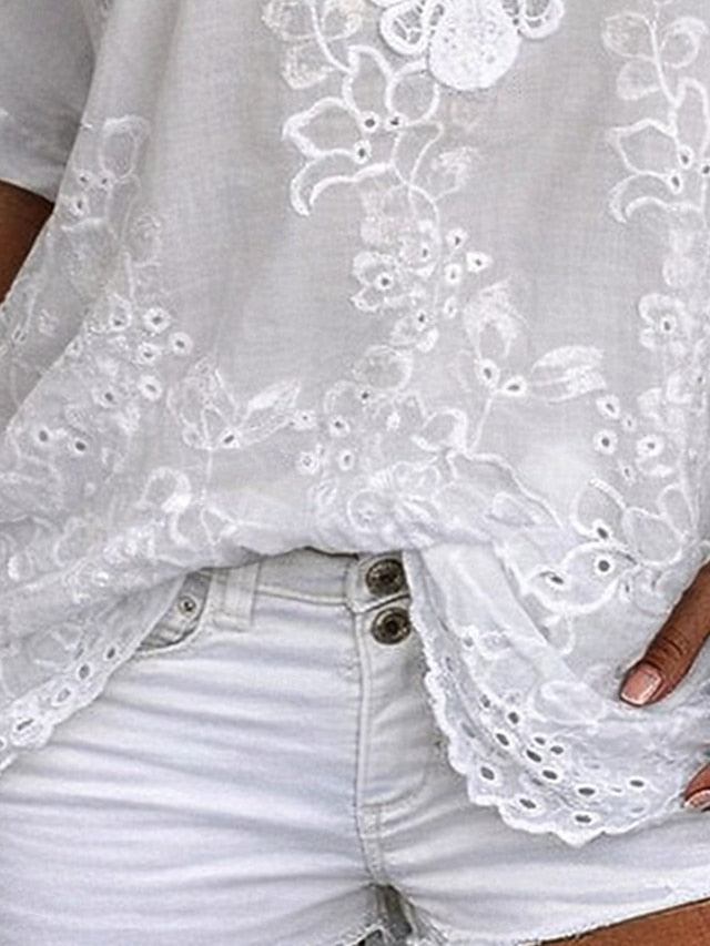 Blusa para mujer con delicado encaje bordado y escote en V, elegante y favorecedora