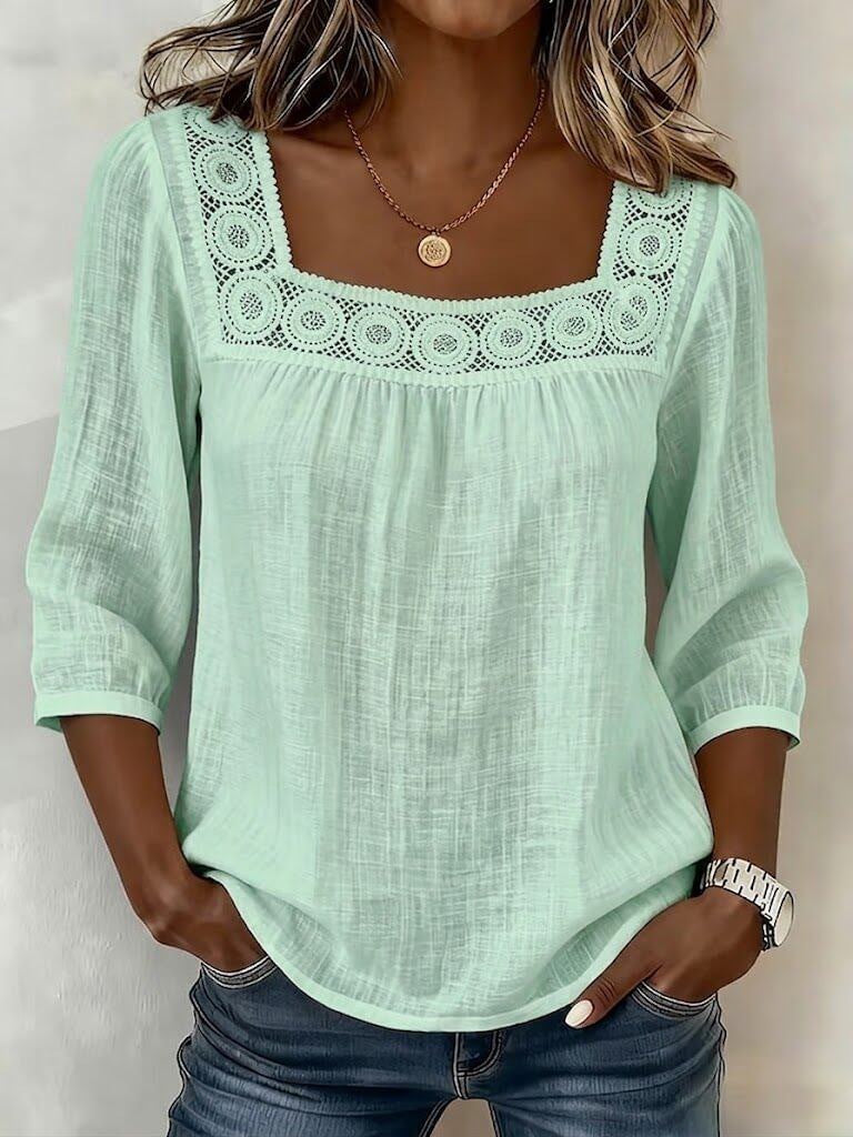 Blusa para mujer en algodón y lino con encaje elegante
