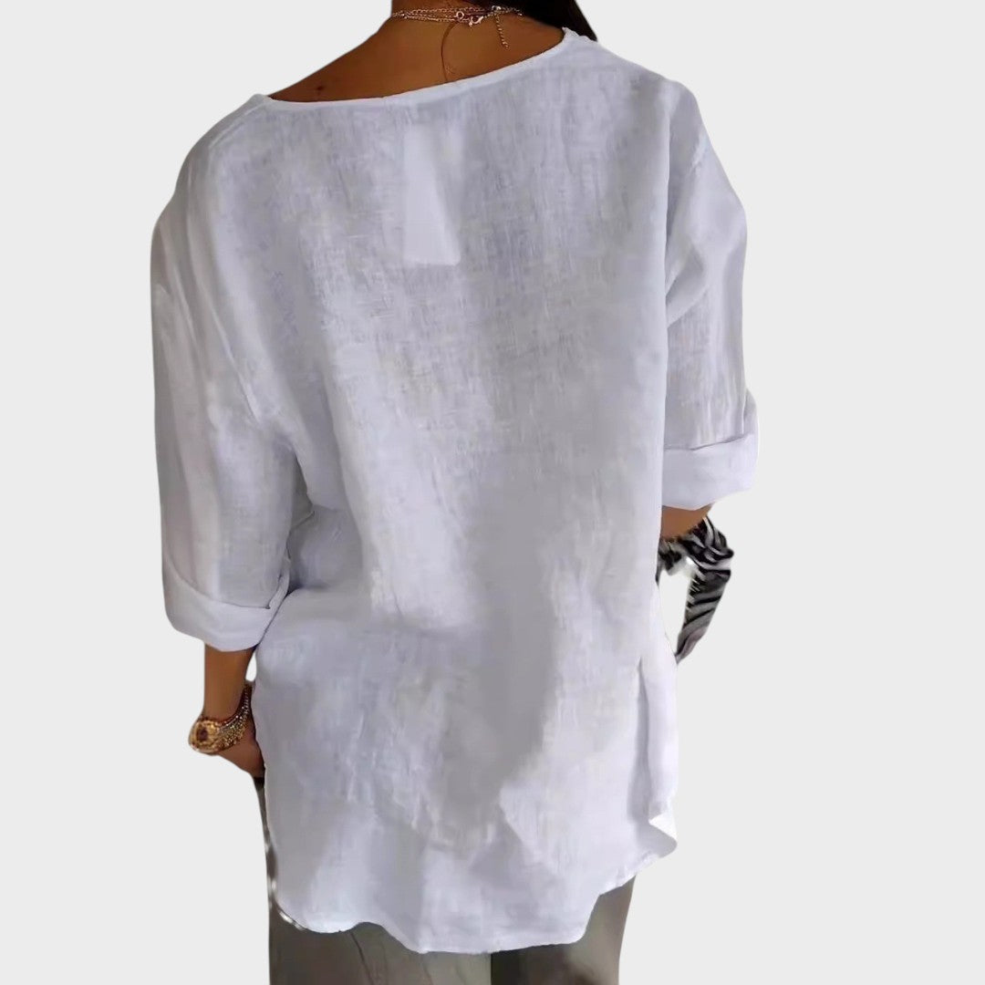 Blusa de Lino para Mujer con Escote en V – Camisa Casual y Elegante
