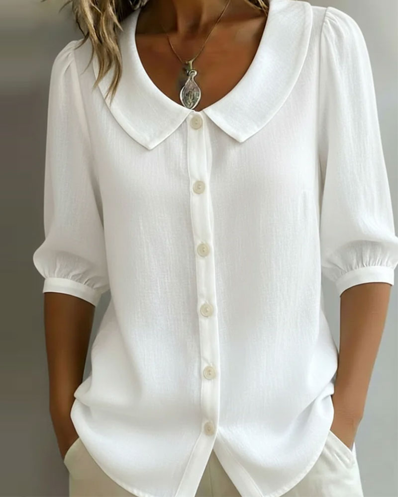 Camisa de algodón para mujer con cuello Peter Pan, elegante y mangas fluidas
