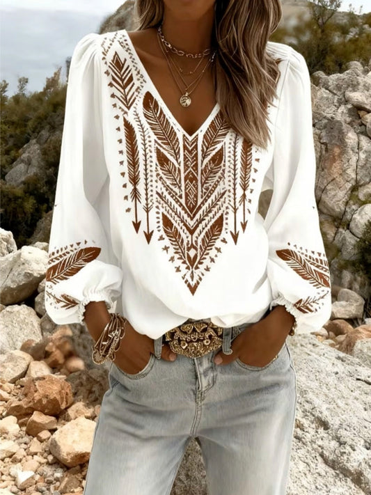 Blusa bohemía para mujer con escote en V y estampado étnico — estilo boho chic