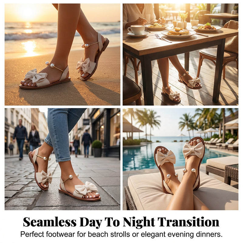 Sandalias planas para mujer con lazo decorativo y perlas elegantes
