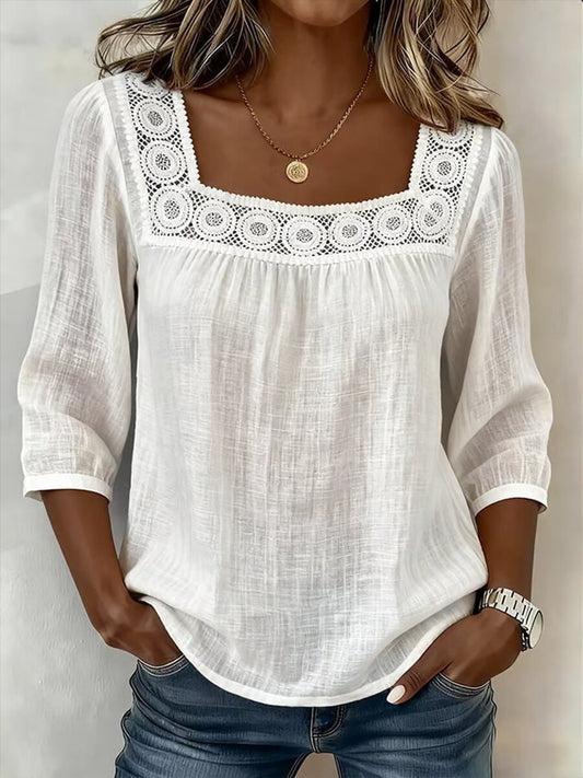 Blusa para mujer en algodón y lino con encaje elegante