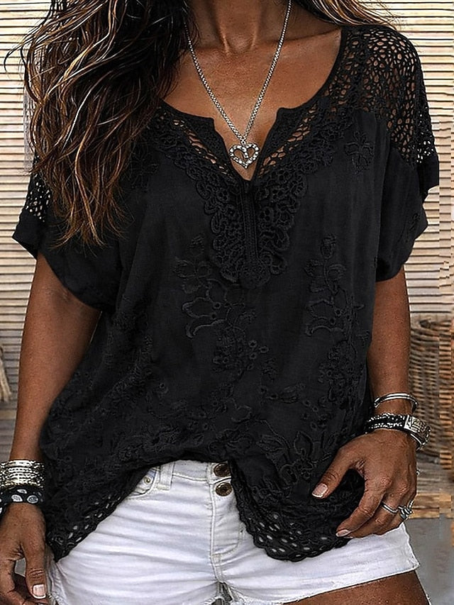 Blusa para mujer con delicado encaje bordado y escote en V, elegante y favorecedora