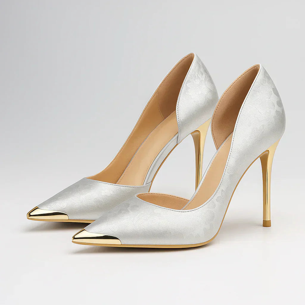 Tacones de Satén para Mujer con Punta Dorada – Zapatos Elegantes para Eventos
