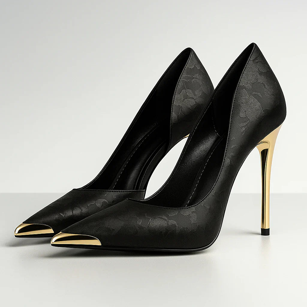 Tacones de Satén para Mujer con Punta Dorada – Zapatos Elegantes para Eventos