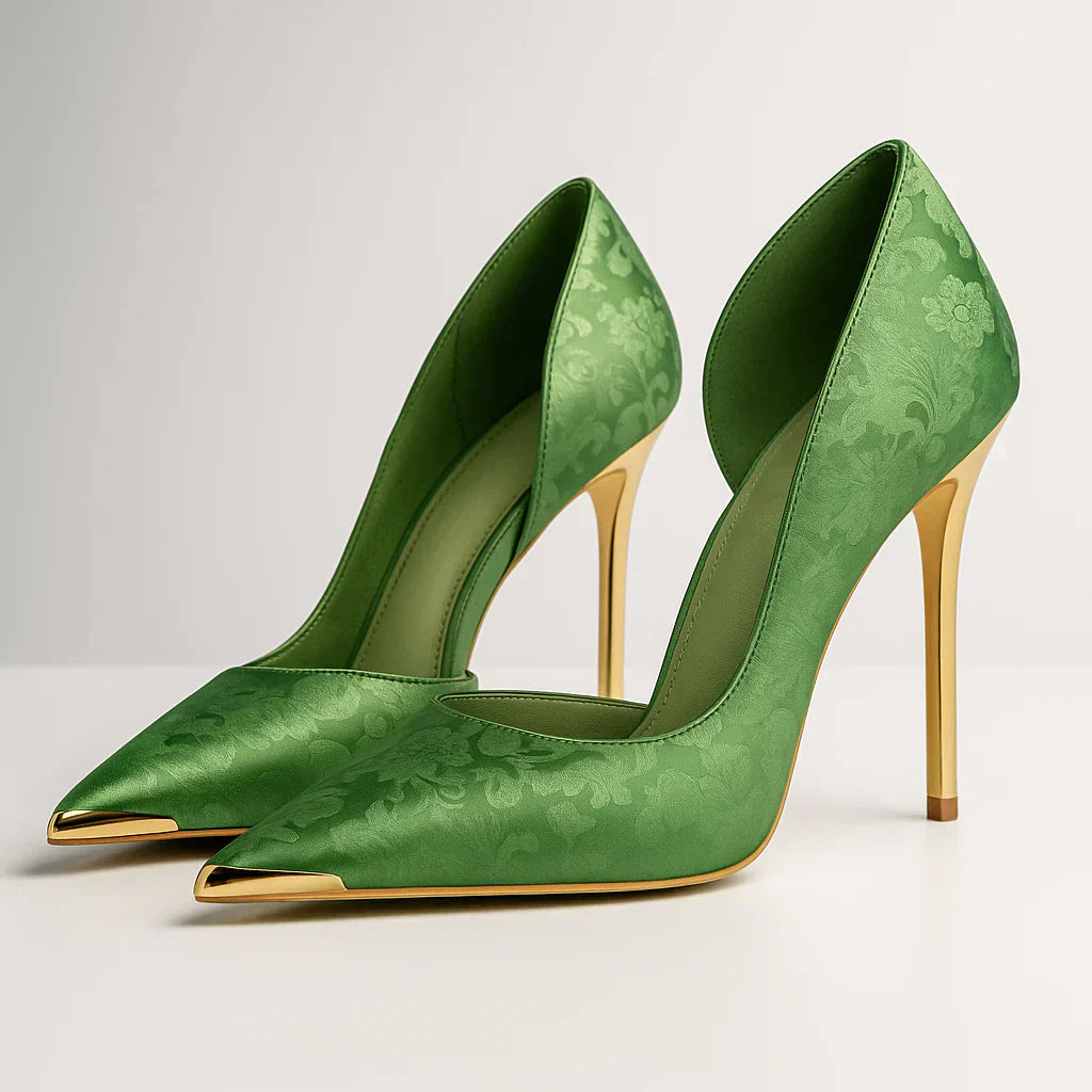 Tacones de Satén para Mujer con Punta Dorada – Zapatos Elegantes para Eventos