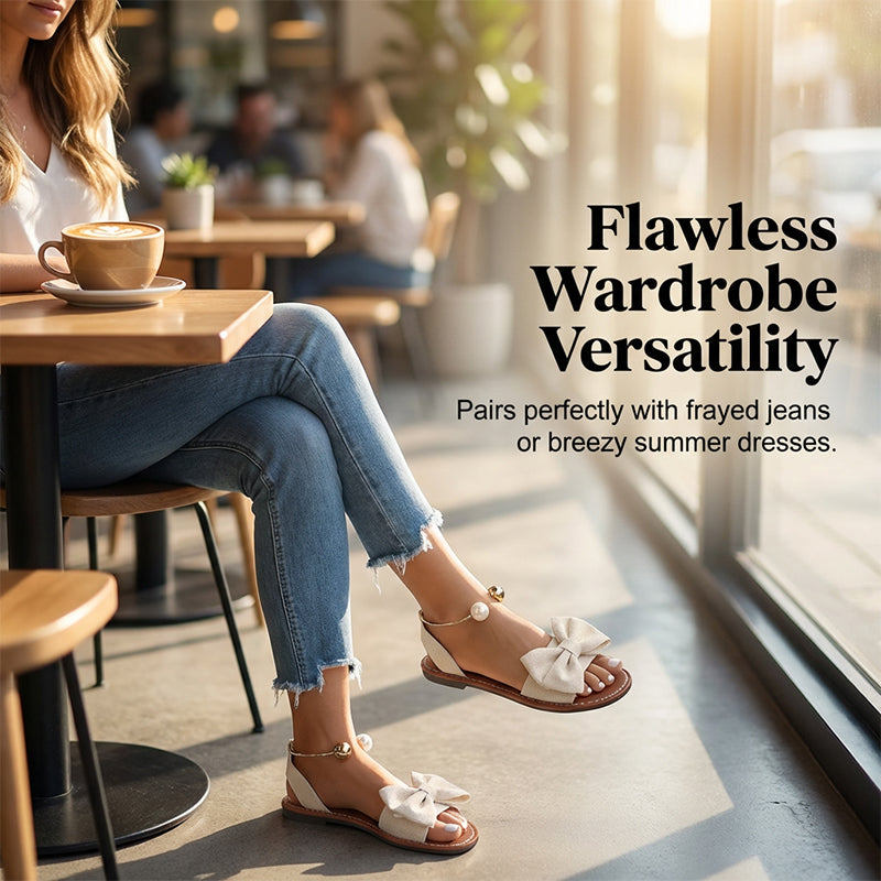 Sandalias planas para mujer con lazo decorativo y perlas elegantes