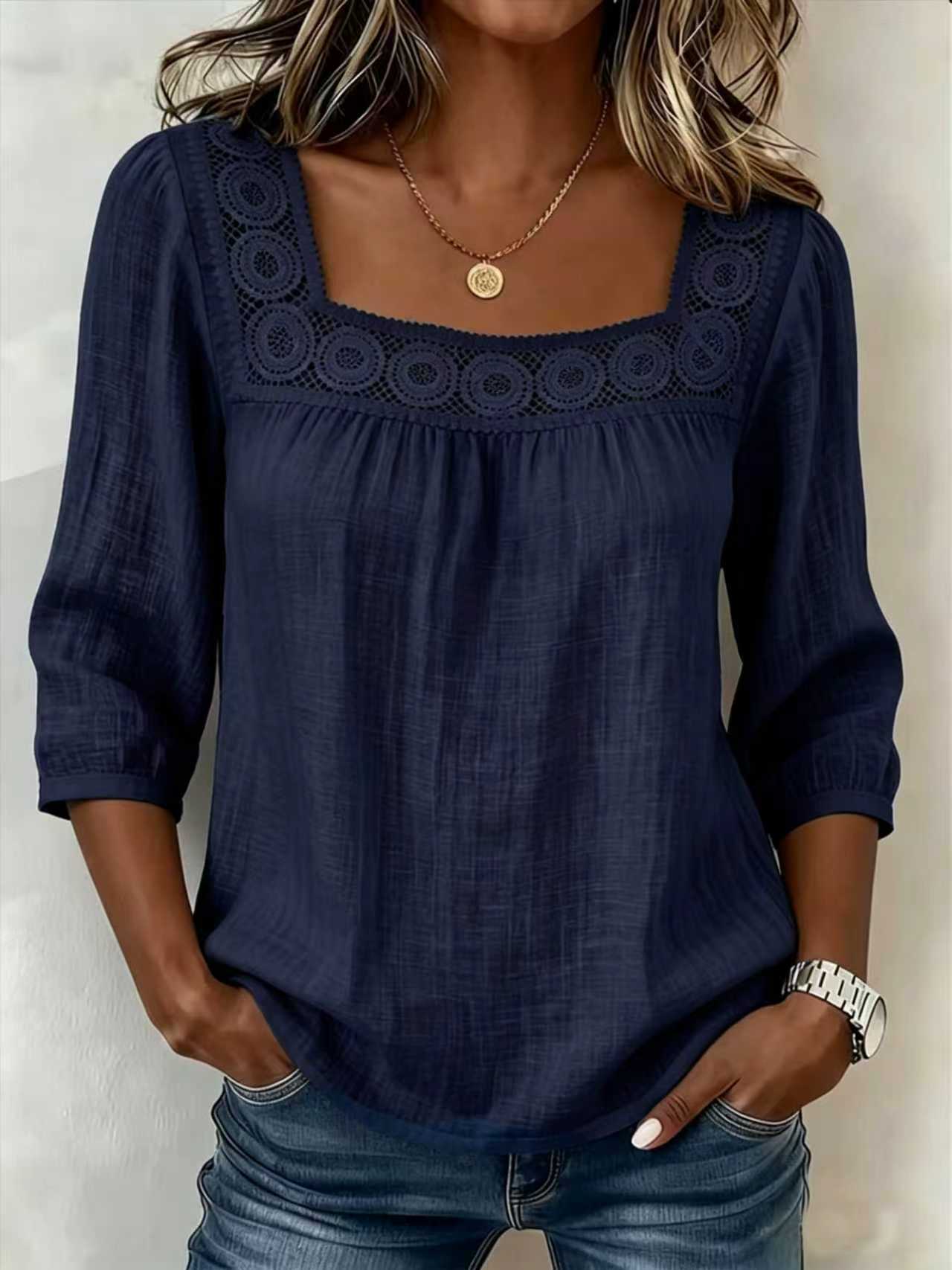 Blusa para mujer en algodón y lino con encaje elegante