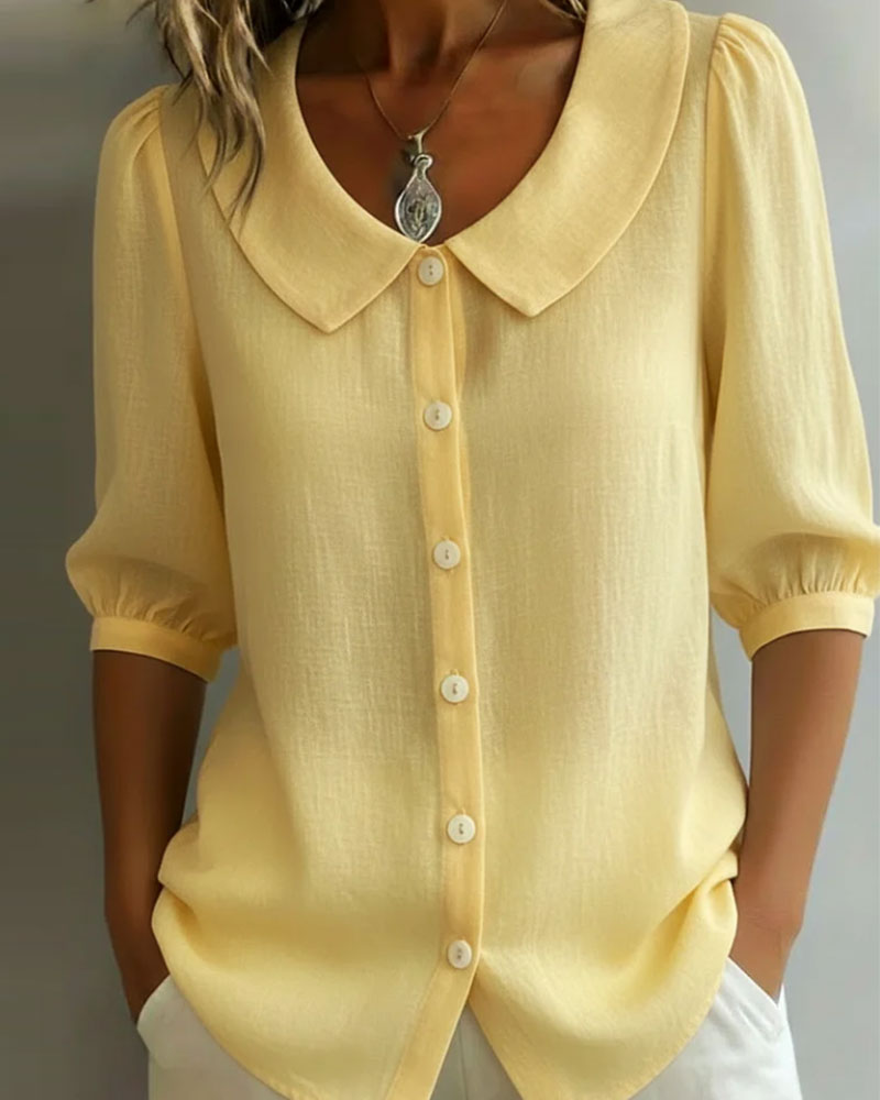 Camisa de algodón para mujer con cuello Peter Pan, elegante y mangas fluidas