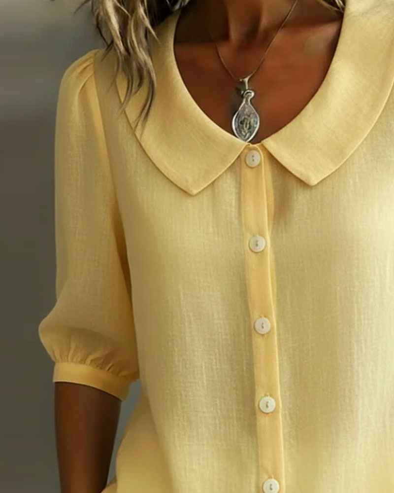 Camisa de algodón para mujer con cuello Peter Pan, elegante y mangas fluidas