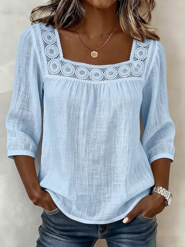 Blusa para mujer en algodón y lino con encaje elegante