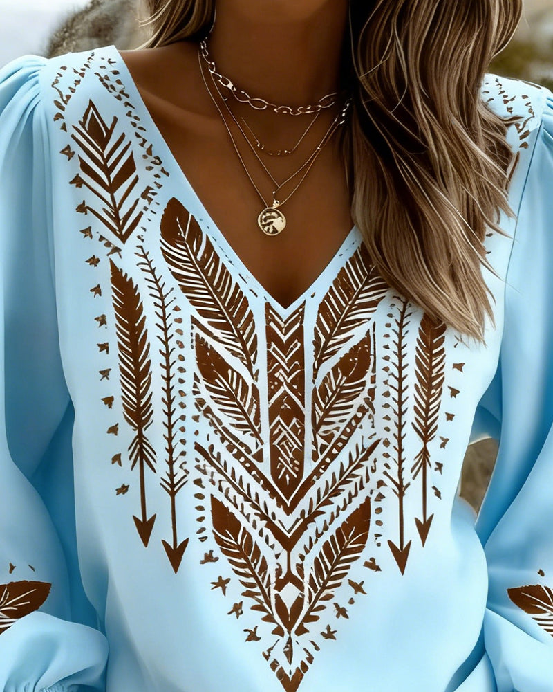 Blusa bohemía para mujer con escote en V y estampado étnico — estilo boho chic