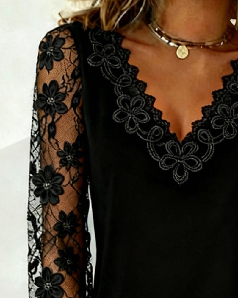 Blusa de Mujer Elegante con Encaje y Escote en V – Top Casual de Manga Larga