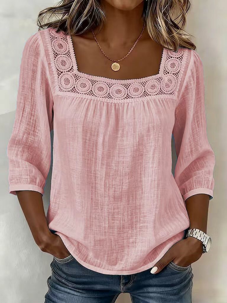 Blusa para mujer en algodón y lino con encaje elegante