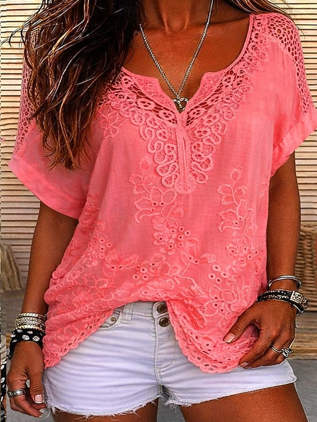 Blusa para mujer con delicado encaje bordado y escote en V, elegante y favorecedora