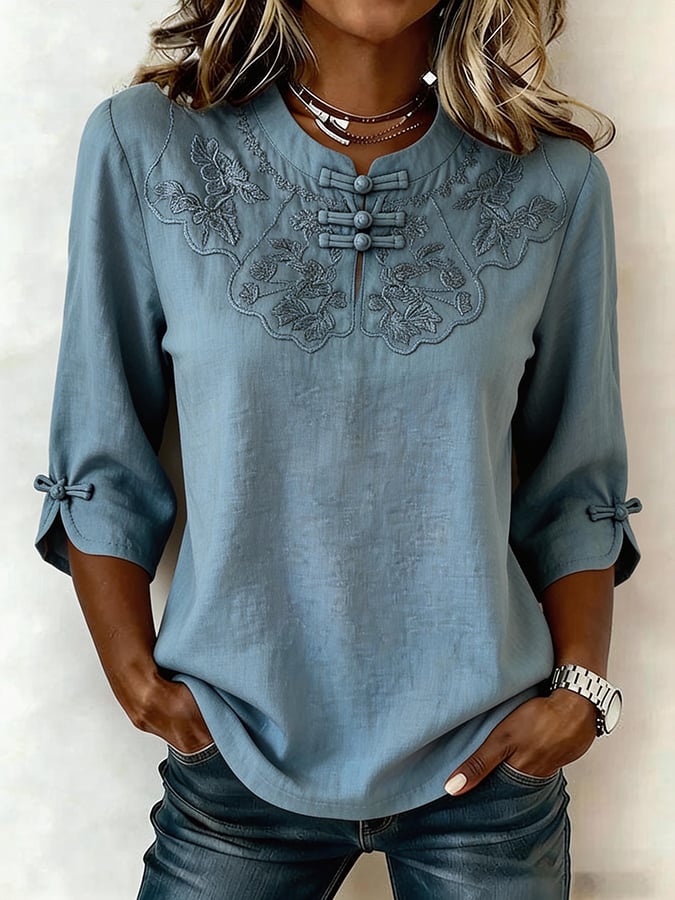 Blusa para mujer de algodón y lino con bordado floral – cómoda y elegante