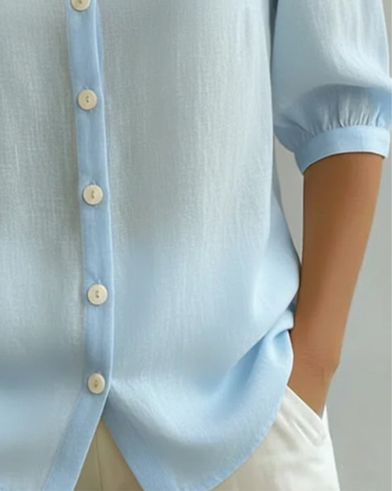 Camisa de algodón para mujer con cuello Peter Pan, elegante y mangas fluidas