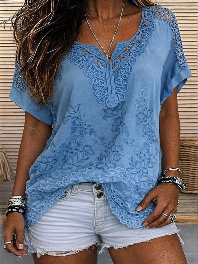 Blusa para mujer con delicado encaje bordado y escote en V, elegante y favorecedora
