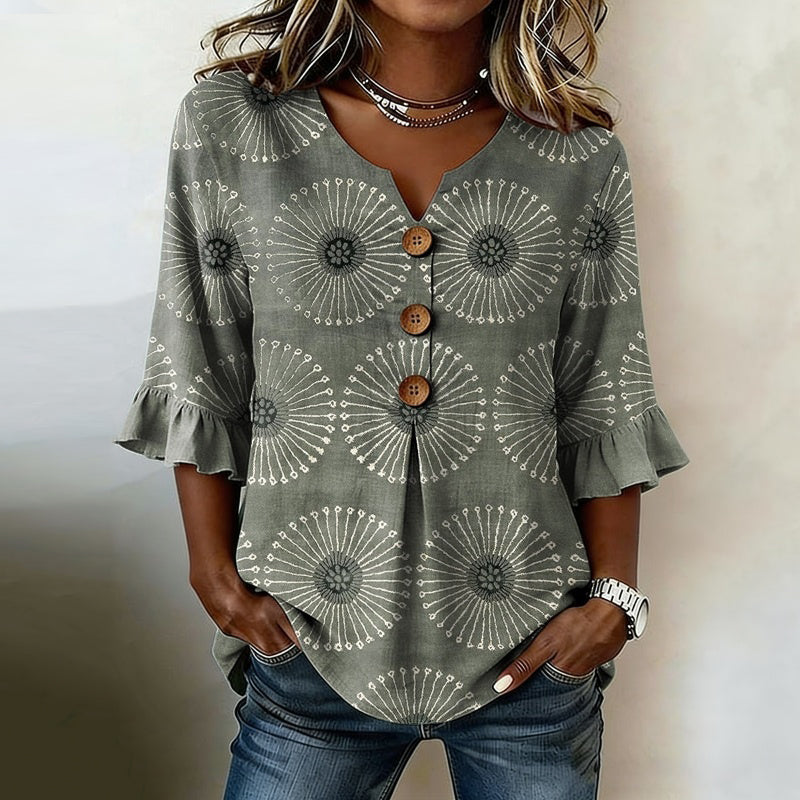 Blusa vintage para mujer con estampado elegante y mangas acampanadas