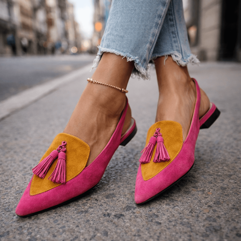 Mules bicolores para mujer: elegantes con pompones modernos