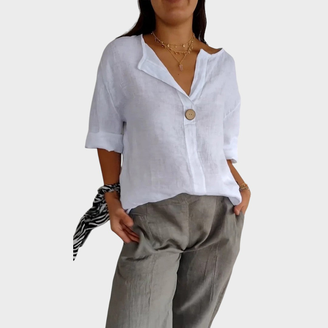 Blusa de Lino para Mujer con Escote en V – Camisa Casual y Elegante