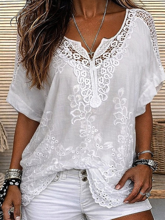 Blusa para mujer con delicado encaje bordado y escote en V, elegante y favorecedora