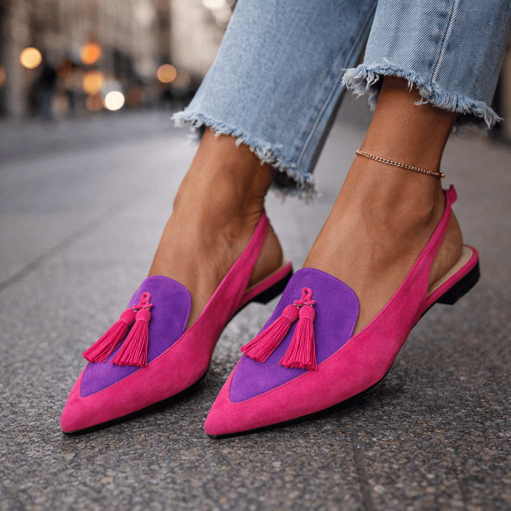 Mules bicolores para mujer: elegantes con pompones modernos