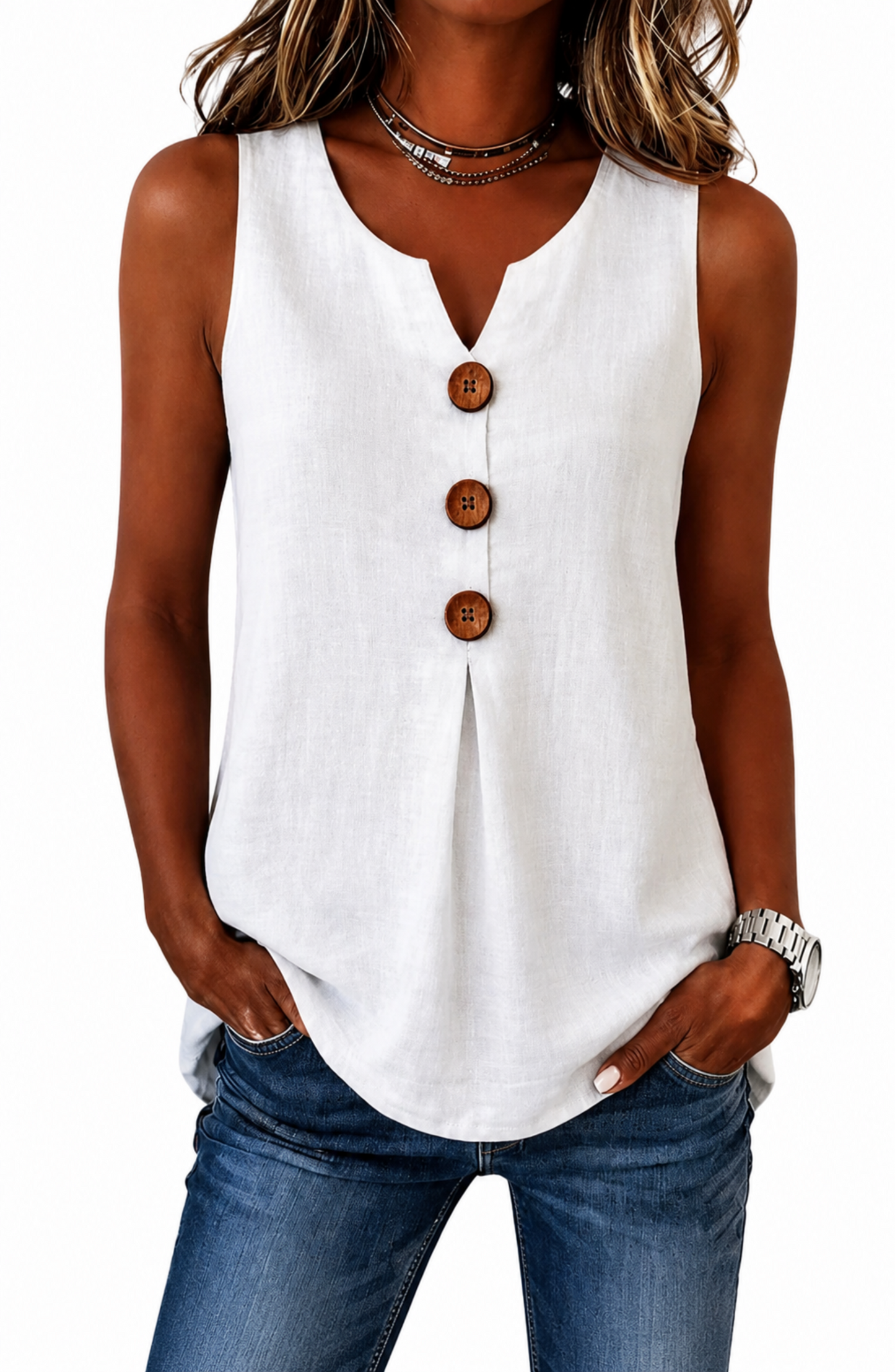 Blusa sin mangas de poliéster y elastano con botones - estilo casual para verano
