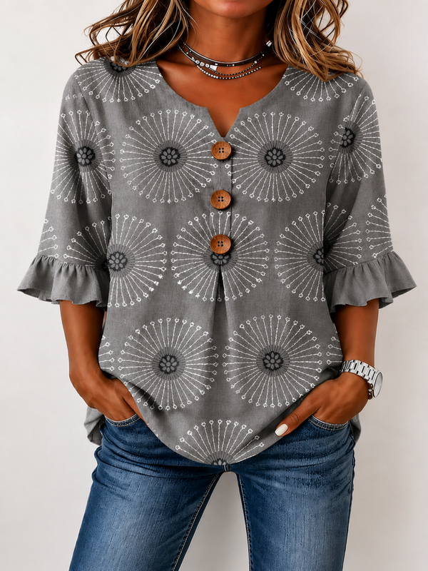Blusa vintage para mujer con estampado elegante y mangas acampanadas