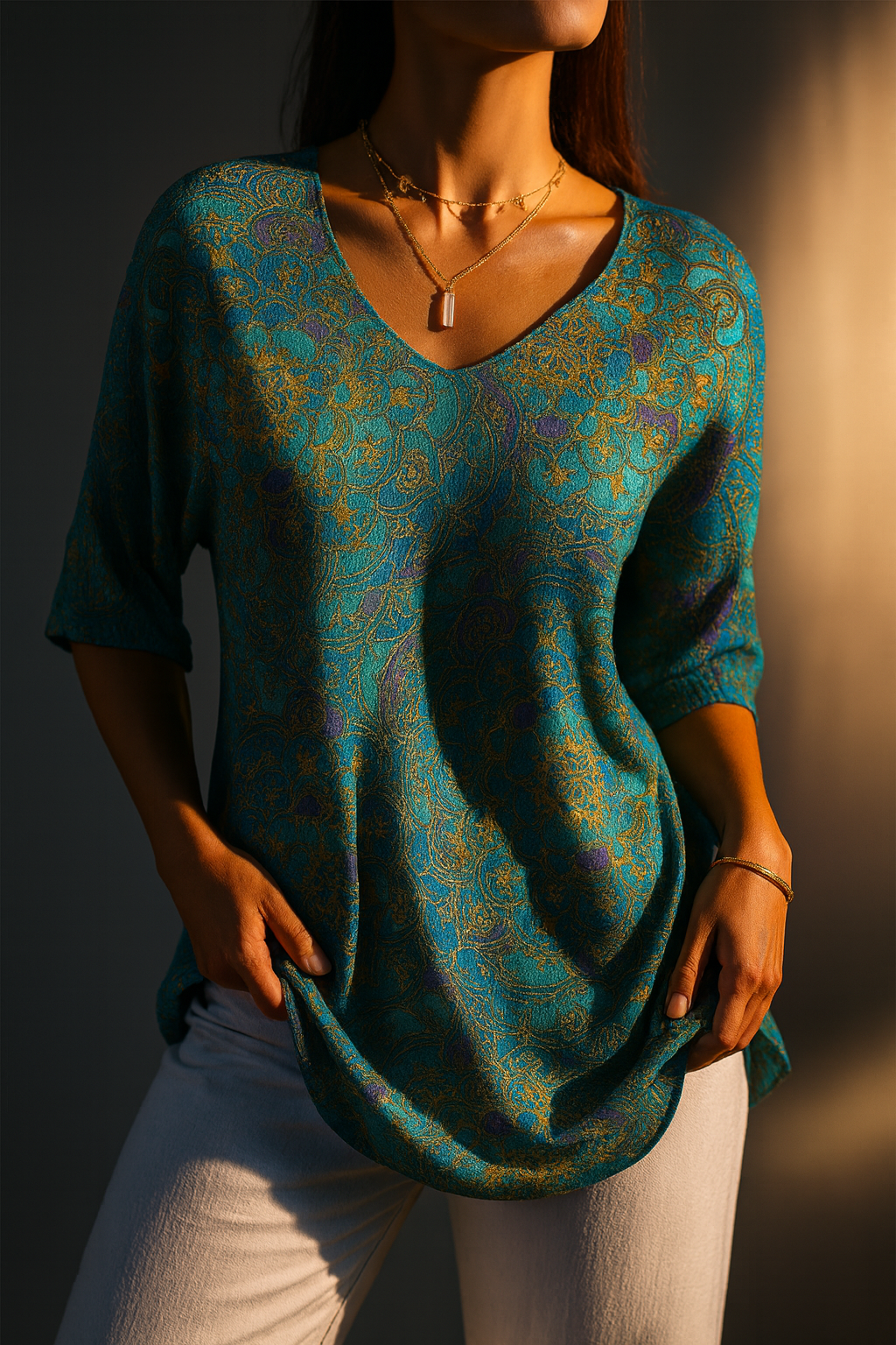 Blusa estampada para mujer con escote en V y caída fluida – estilo bohemio elegante