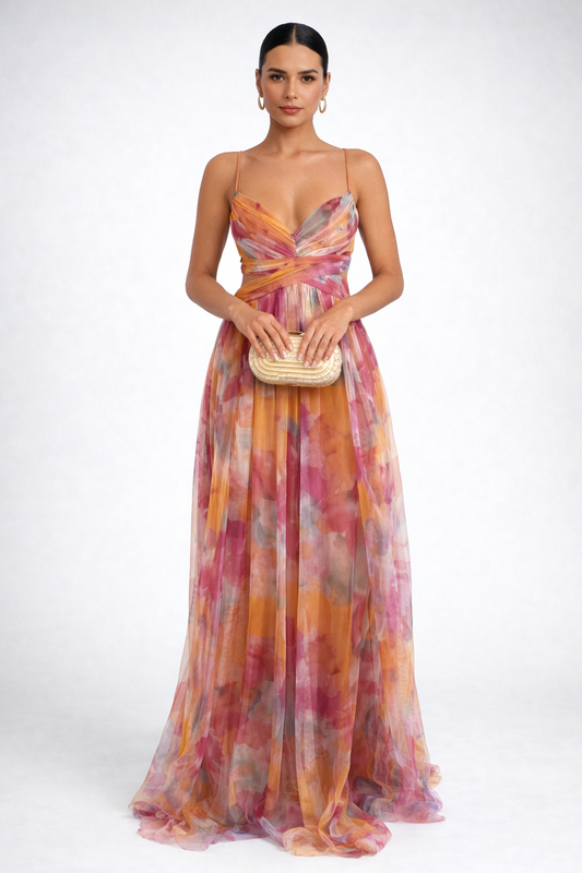 Encantador vestido largo con estampado floral