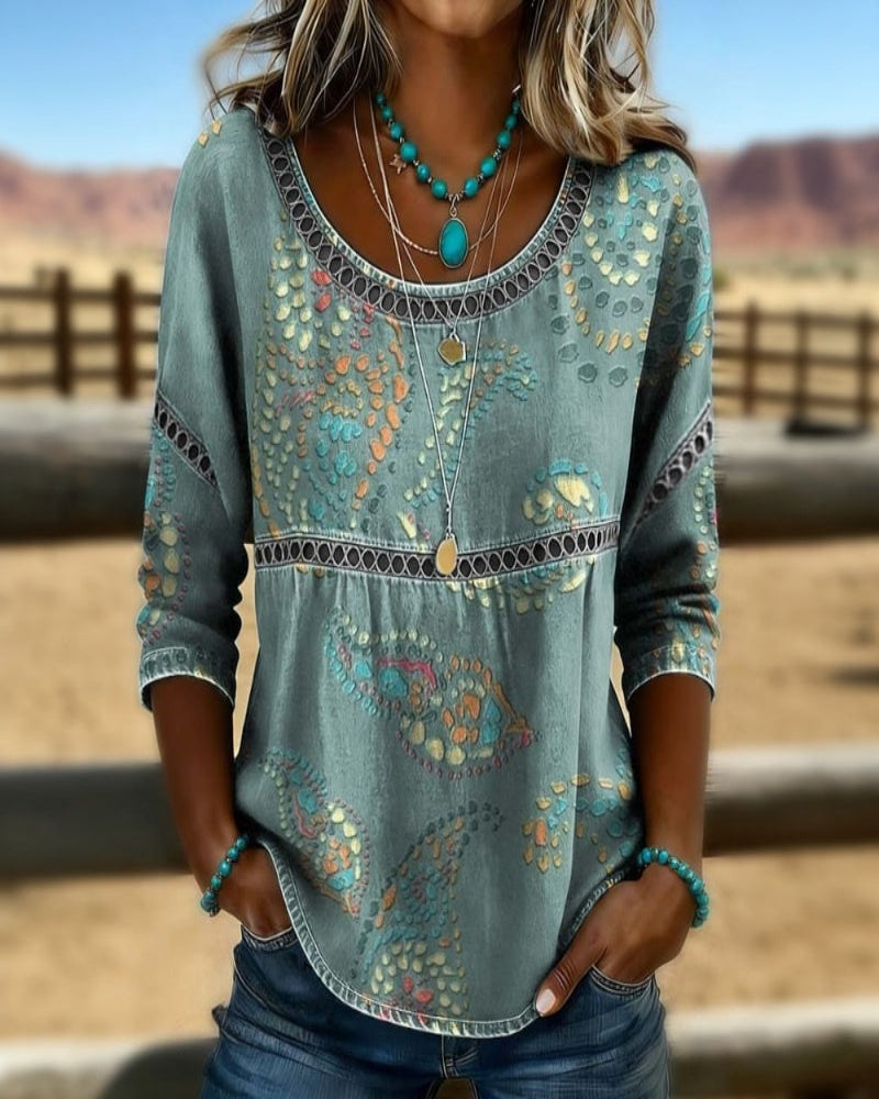 Blusa bohemia estampada para mujer — diseño fluido con manga 3/4, estilo casual