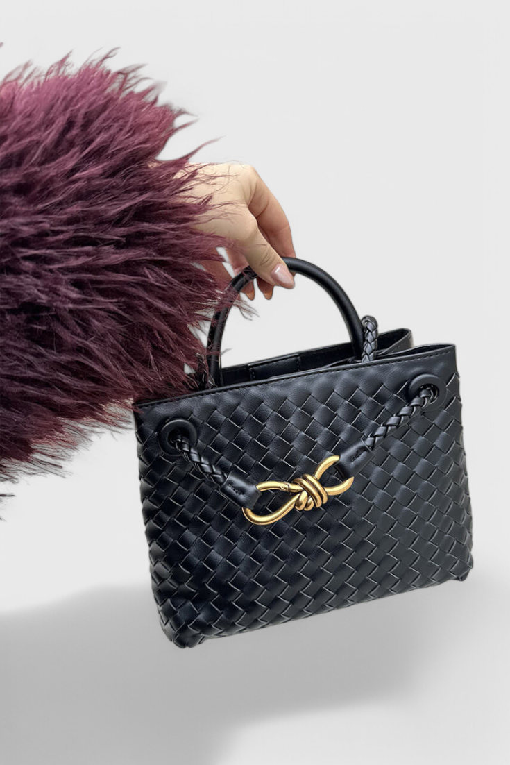Bolso tejido para mujer negro, cuero vegano – elegante, grande y moderno