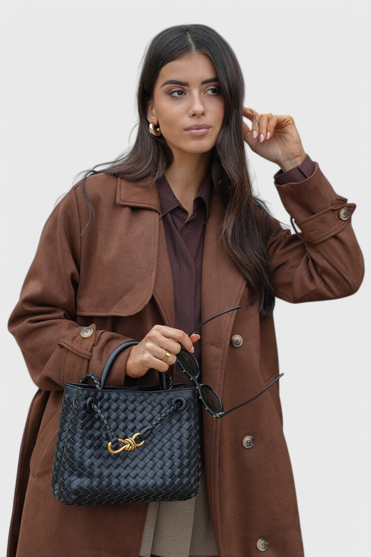 Bolso tejido para mujer negro, cuero vegano – elegante, grande y moderno