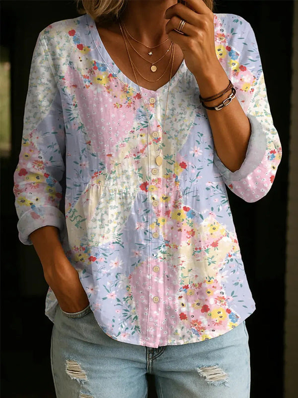 Blusa de Mujer Floral Patchwork Ligera con Cuello en V – Estilo Casual