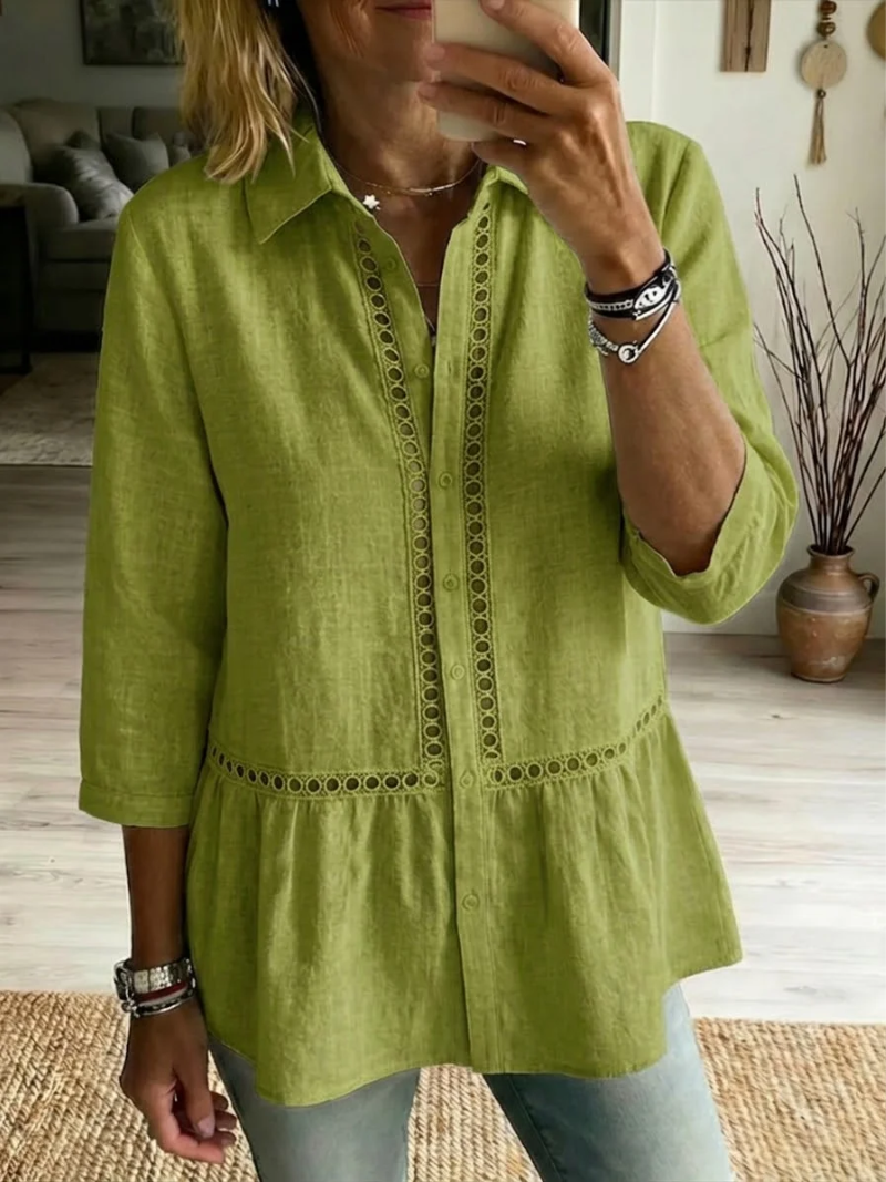 Blusa de mujer de algodón con encaje y botones – estilo clásico y elegante