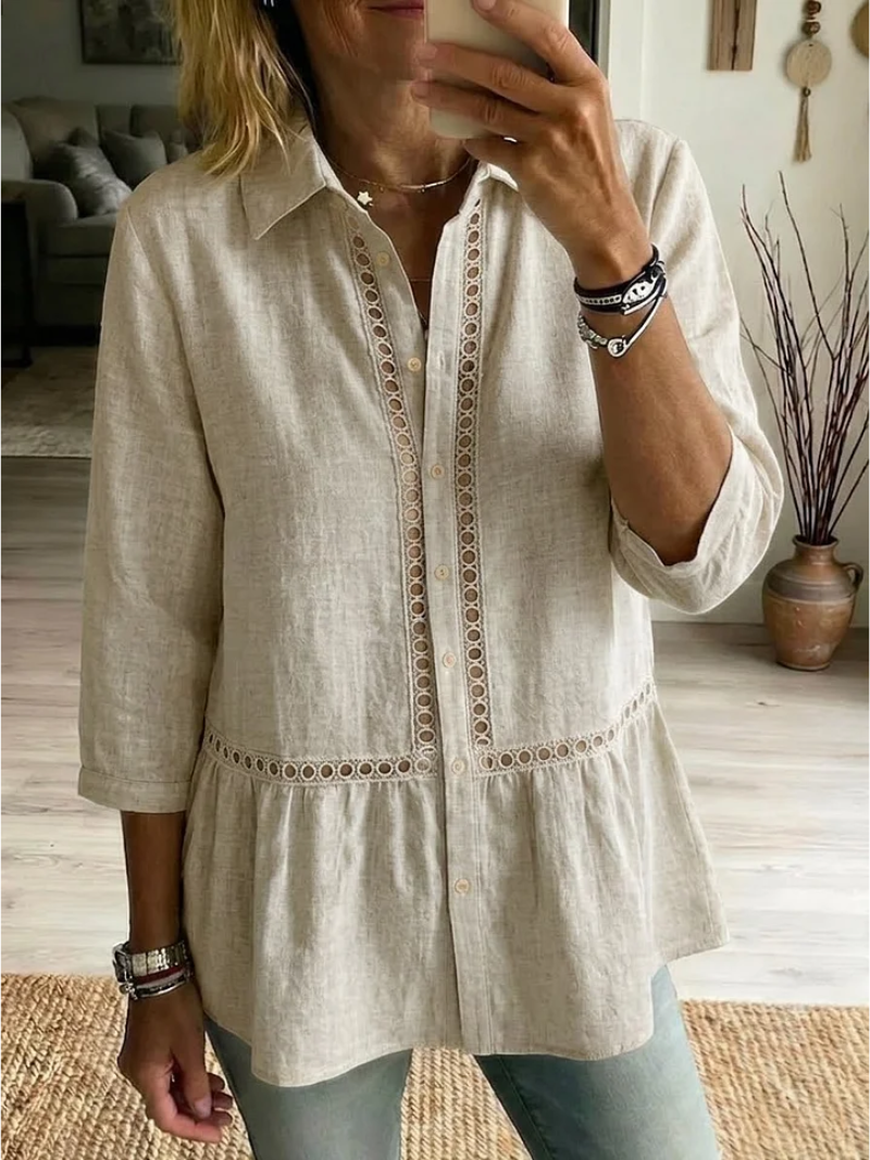 Blusa de mujer de algodón con encaje y botones – estilo clásico y elegante