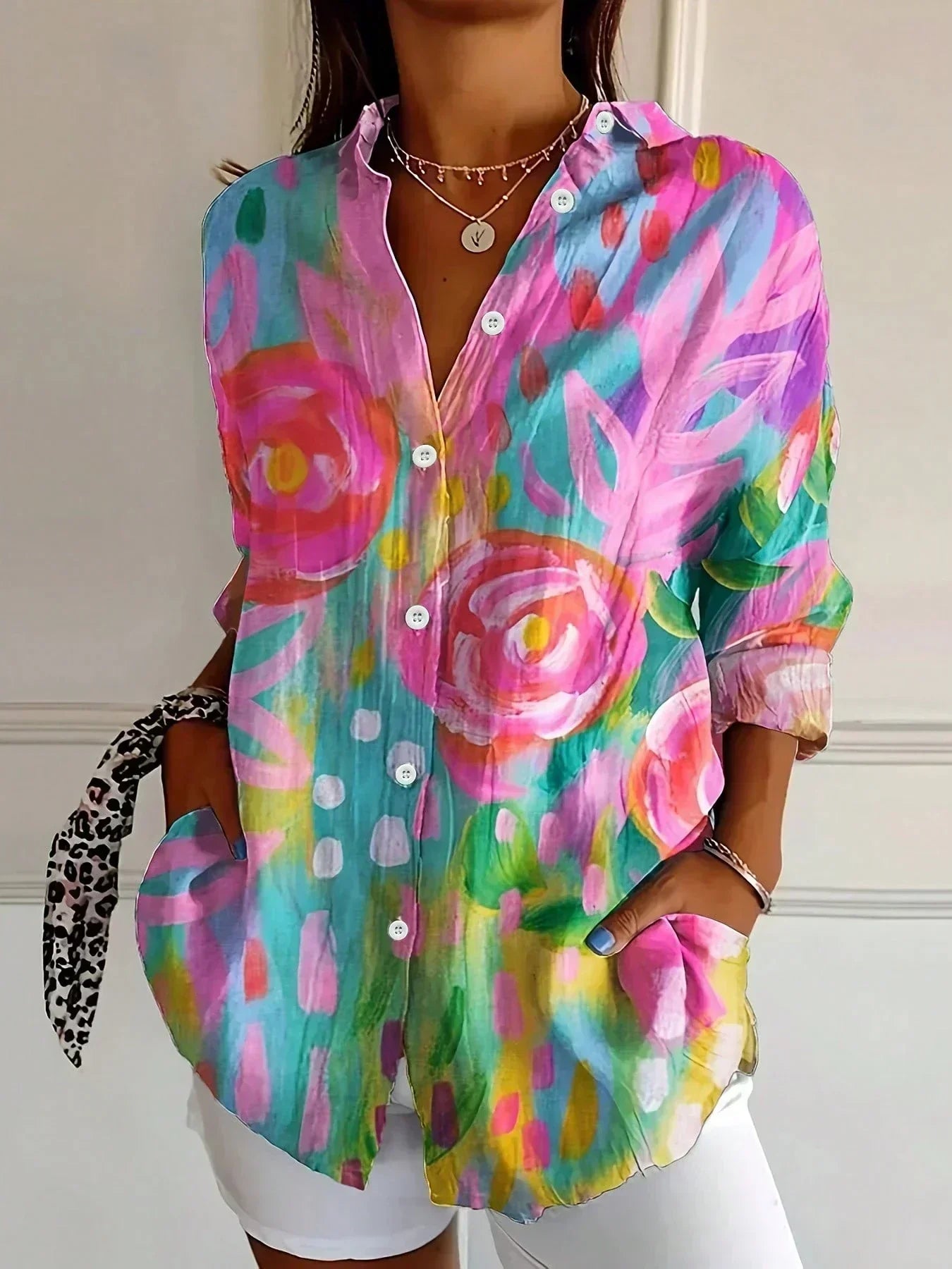 Blusa de mujer estampada en colores vivos, manga larga, casual y ligera para el verano