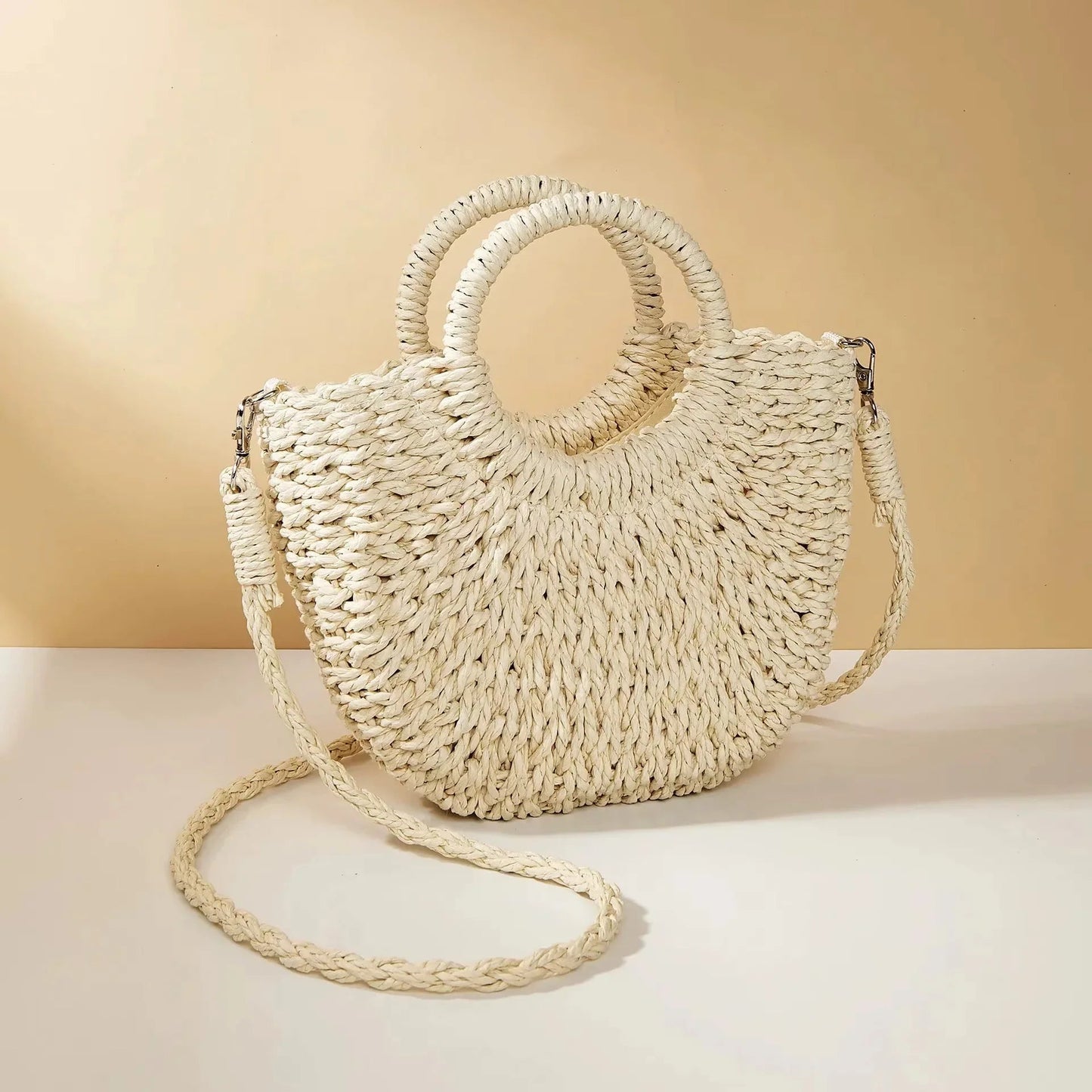 Bolso de Mujer Tejido Vintage con Asa Redonda – Estilo Natural y Elegante