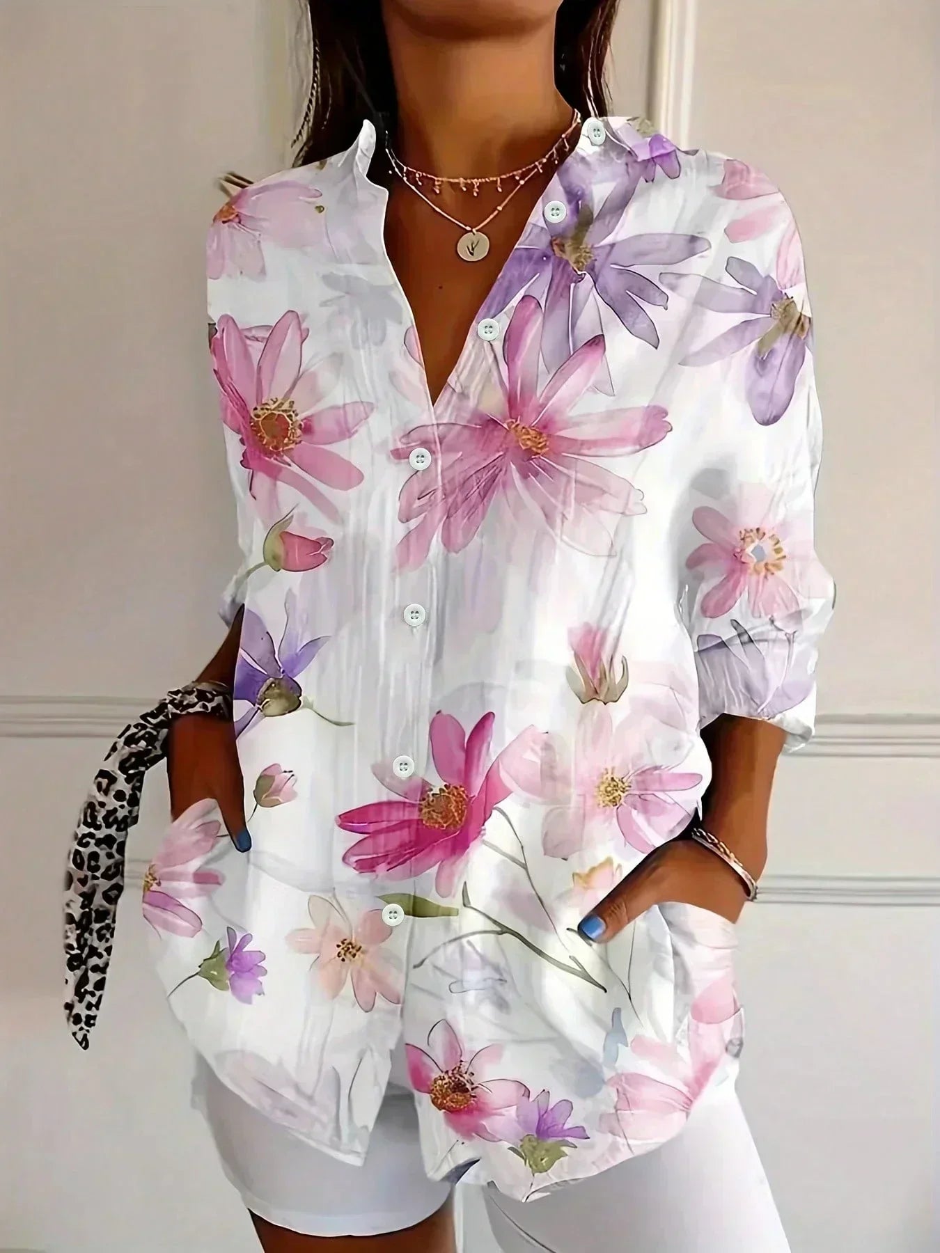 Blusa de mujer estampada en colores vivos, manga larga, casual y ligera para el verano