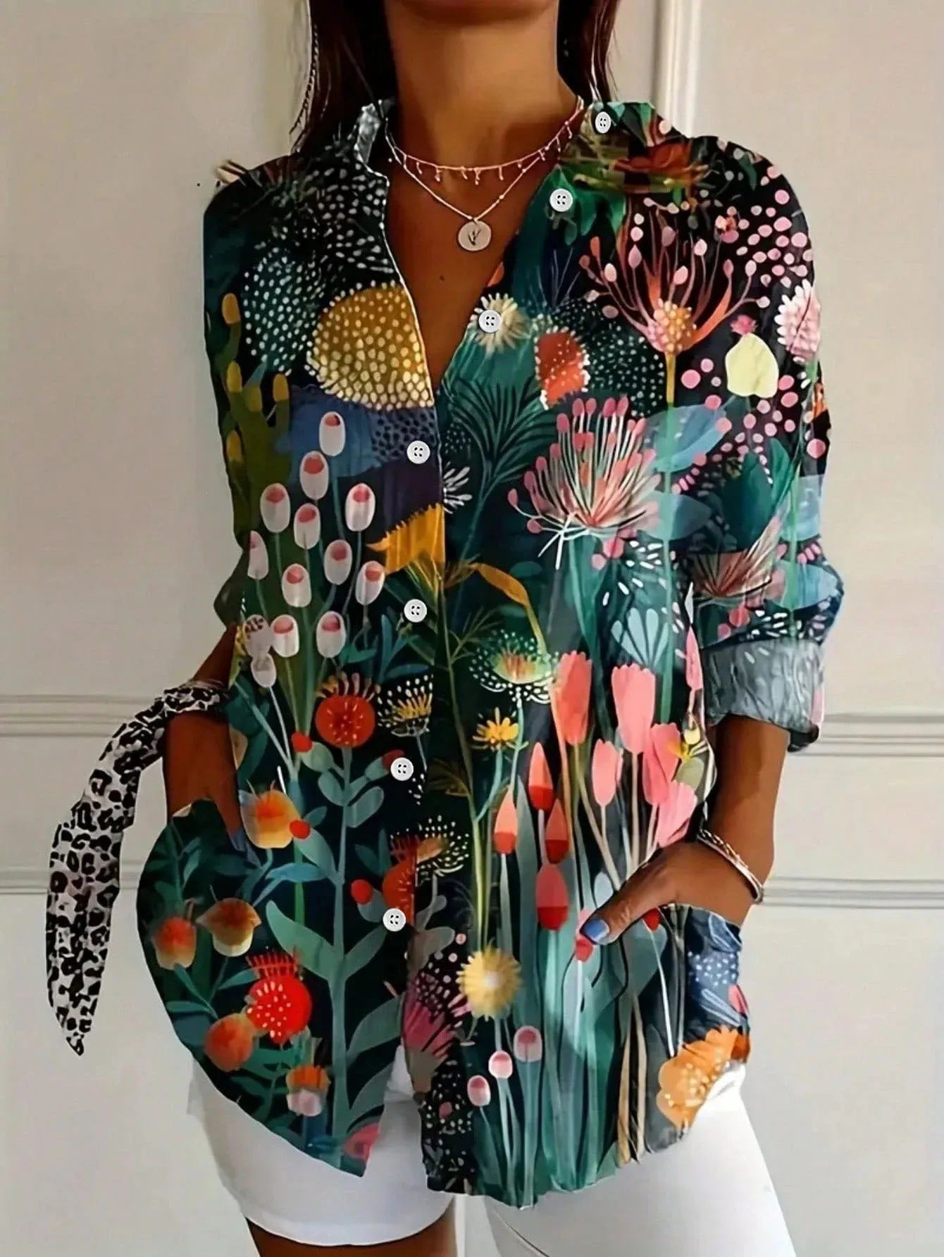Blusa de mujer estampada en colores vivos, manga larga, casual y ligera para el verano