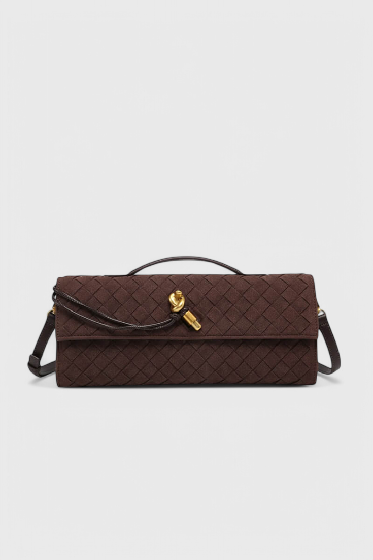Bolso de hombro elegante en beige para mujer, clásico en ante con detalle dorado