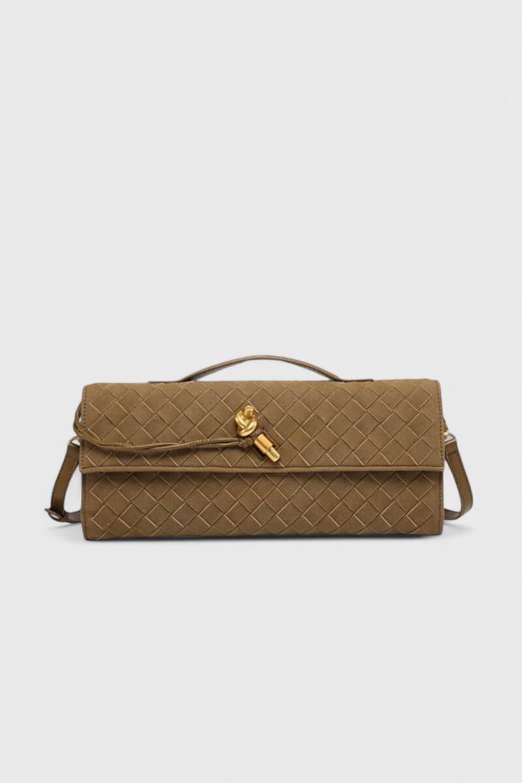 Bolso de hombro elegante en beige para mujer, clásico en ante con detalle dorado