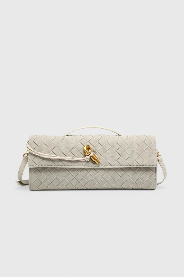 Bolso de hombro elegante en beige para mujer, clásico en ante con detalle dorado