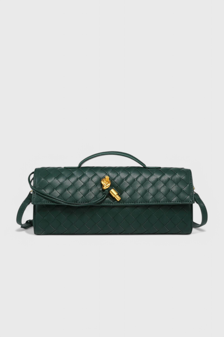 Clutch verde elegante para mujer — bolso baguette de cuero vegano con correa