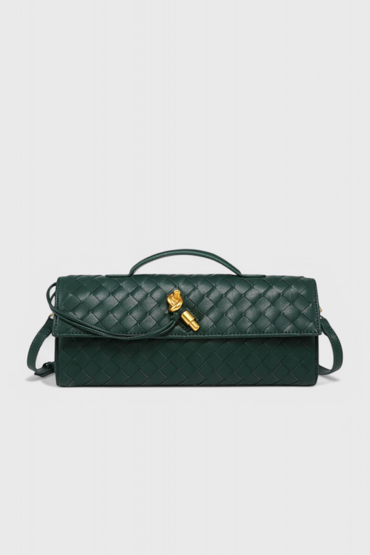 Clutch verde elegante para mujer — bolso baguette de cuero vegano con correa