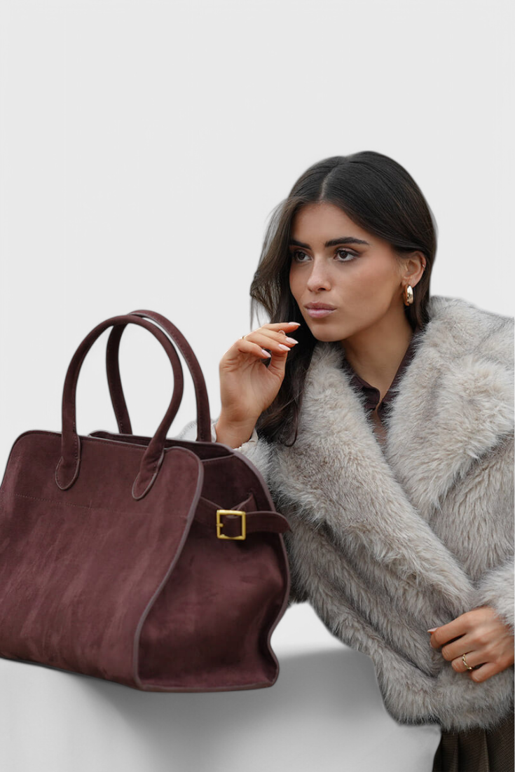 Bolso tote grande para mujer, marrón elegante, bolso amplio en cuero vegano con acabado efecto ante