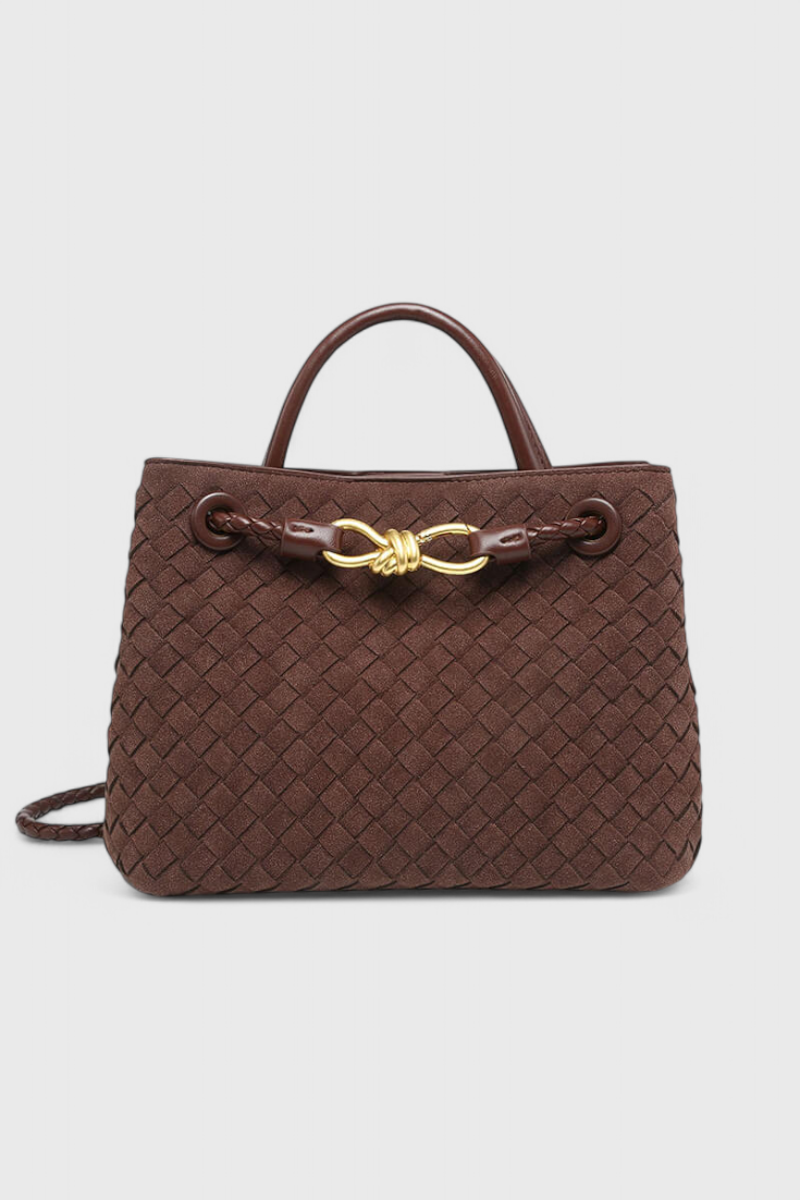 Bolso de mujer marrón elegante con efecto ante, tejido y correa ajustable